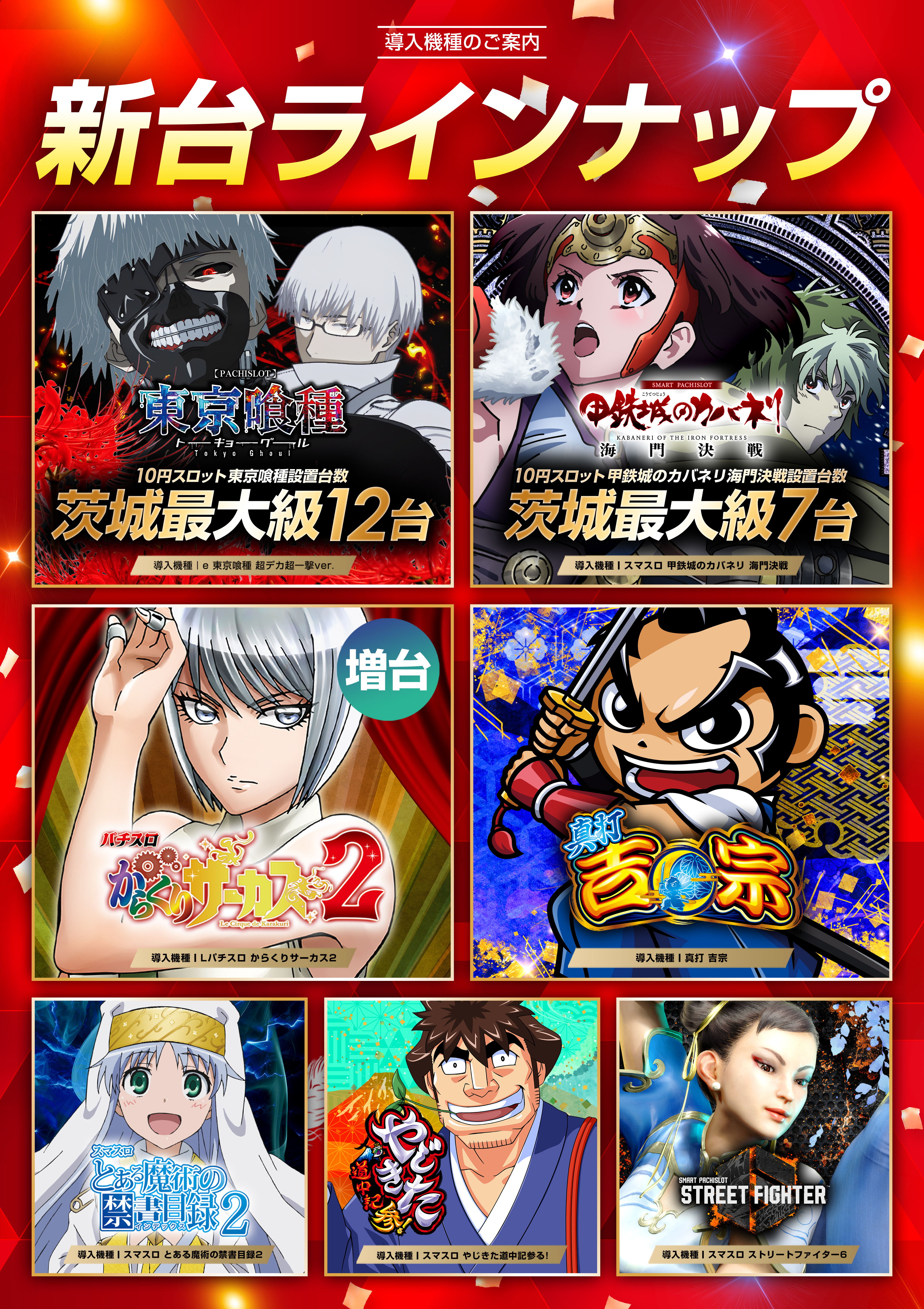 導入・最新台スマスロ 東京喰種 茨城最大級12台!甲鉄城のカバネリ 茨城最大級7台!からくりサーカス2増台!真打吉宗!とある魔術の禁書目録2!やじきた道中記参る!ストリートファイター6!ソードアート・オンライン2